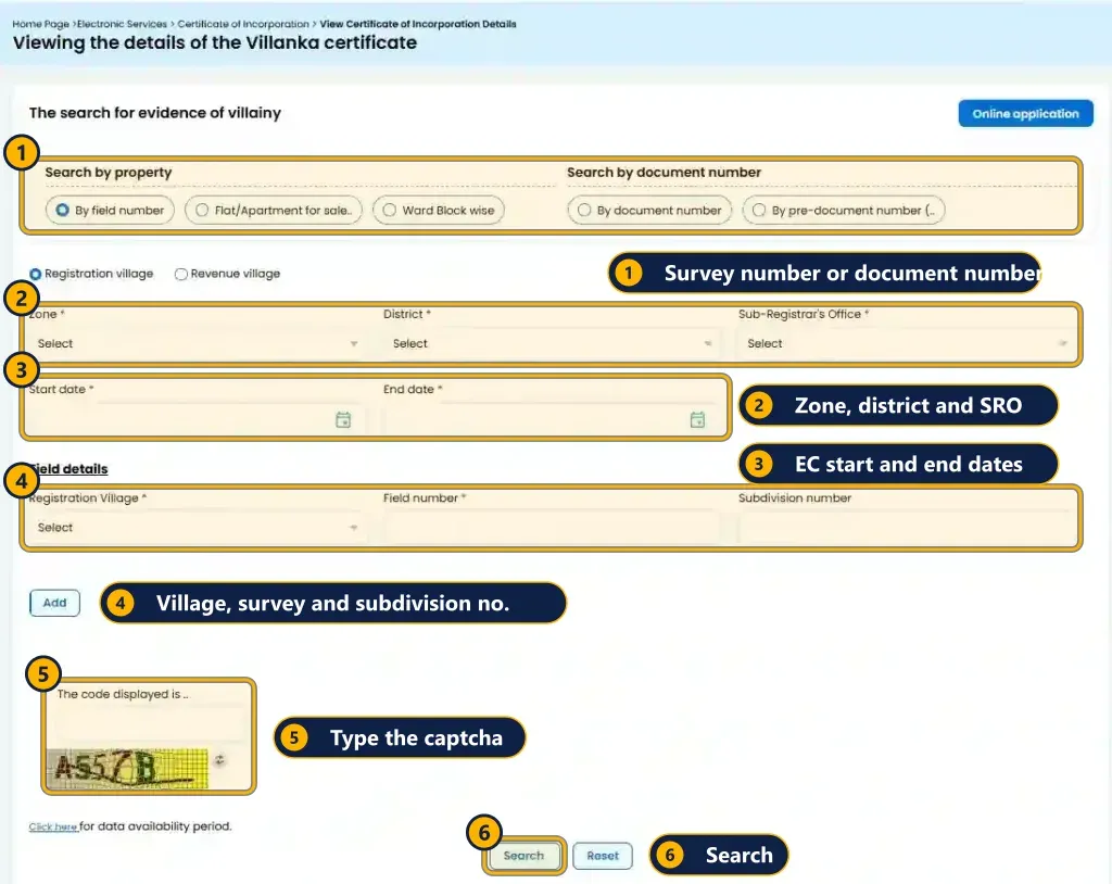 TNREGINET EC search form with the search type, location, dates, survey details and captcha fields highlighted