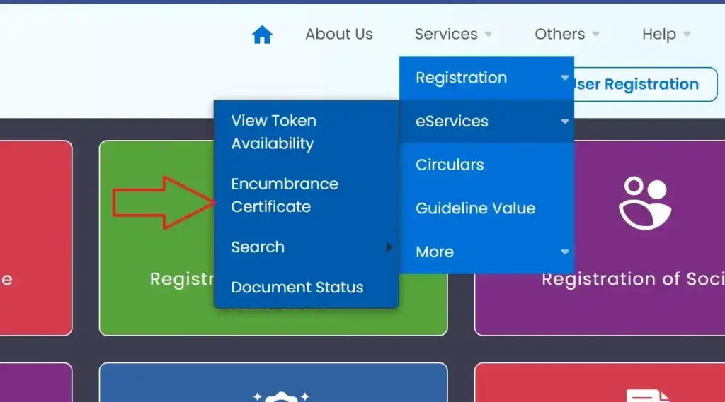 TNREGINET Services menu with eServices open and a red arrow pointing to Encumbrance Certificate