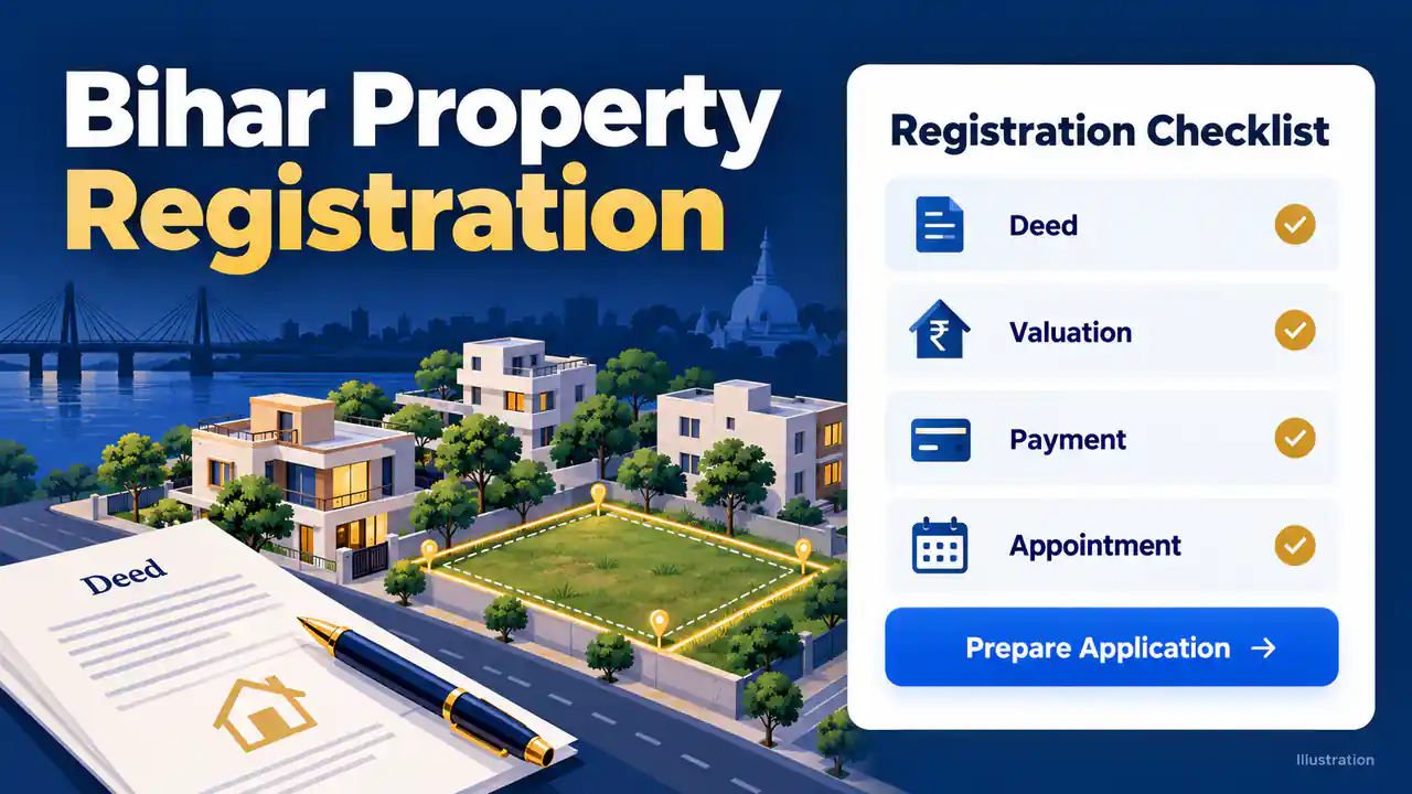Illustrative Bihar property registration checklist for deed, valuation, payment and appointment beside houses and a land parcel.