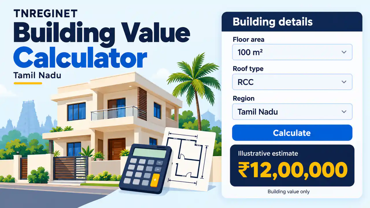 TNREGINET building value calculator illustration with floor area, RCC roof, Tamil Nadu region and an illustrative building estimate.