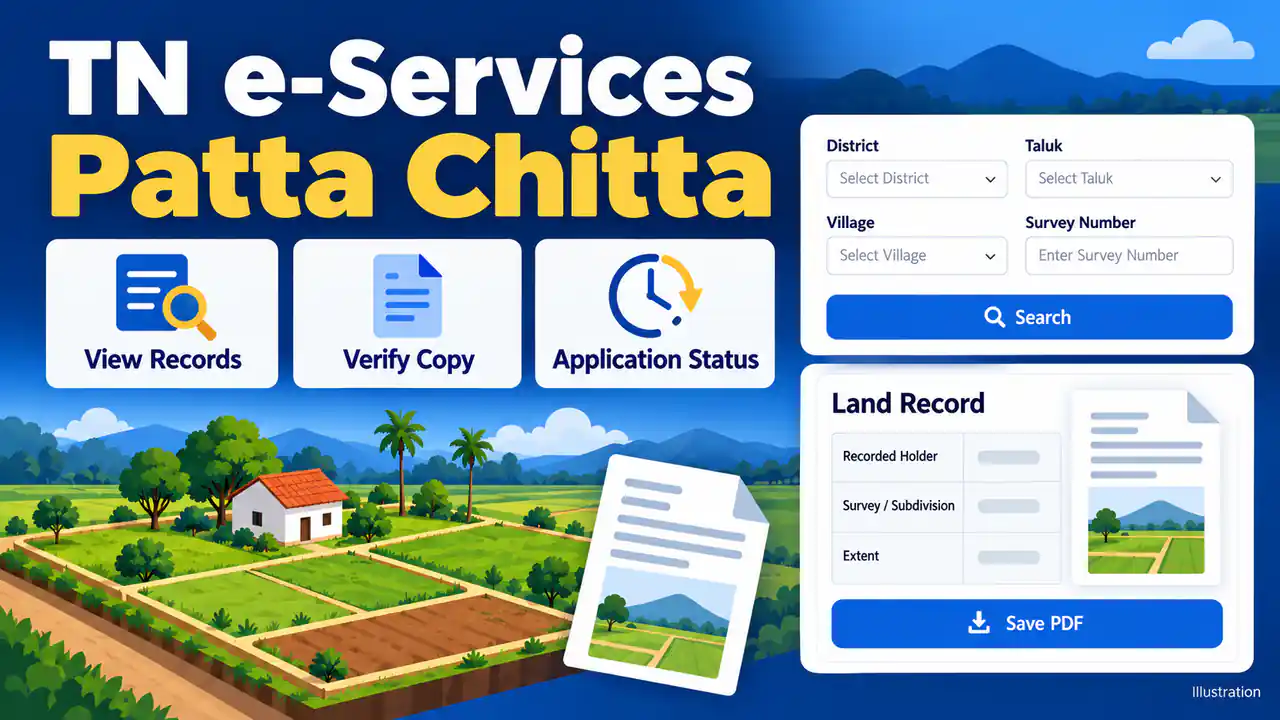 Illustrative Tamil Nadu e-Services tiles for viewing records, verifying a copy and tracking an application beside a land-record preview.