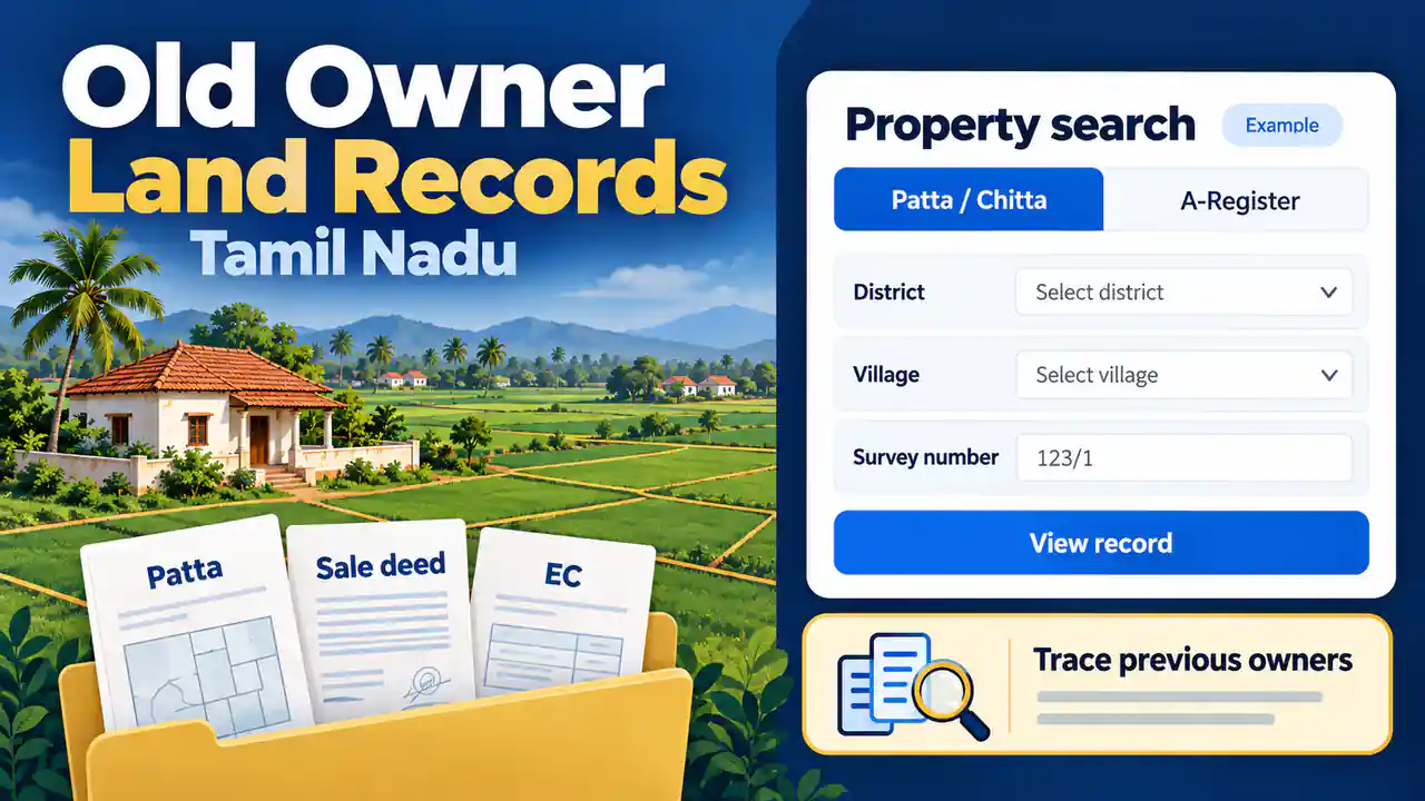 Illustrative Tamil Nadu property search UI with Patta, sale deed and EC documents beside village land.