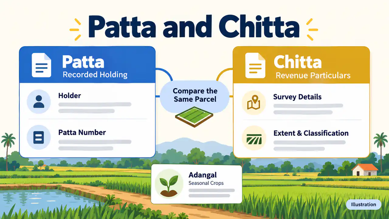 Illustrative Patta and Chitta cards linked to the same parcel, with a separate Adangal seasonal crop card.