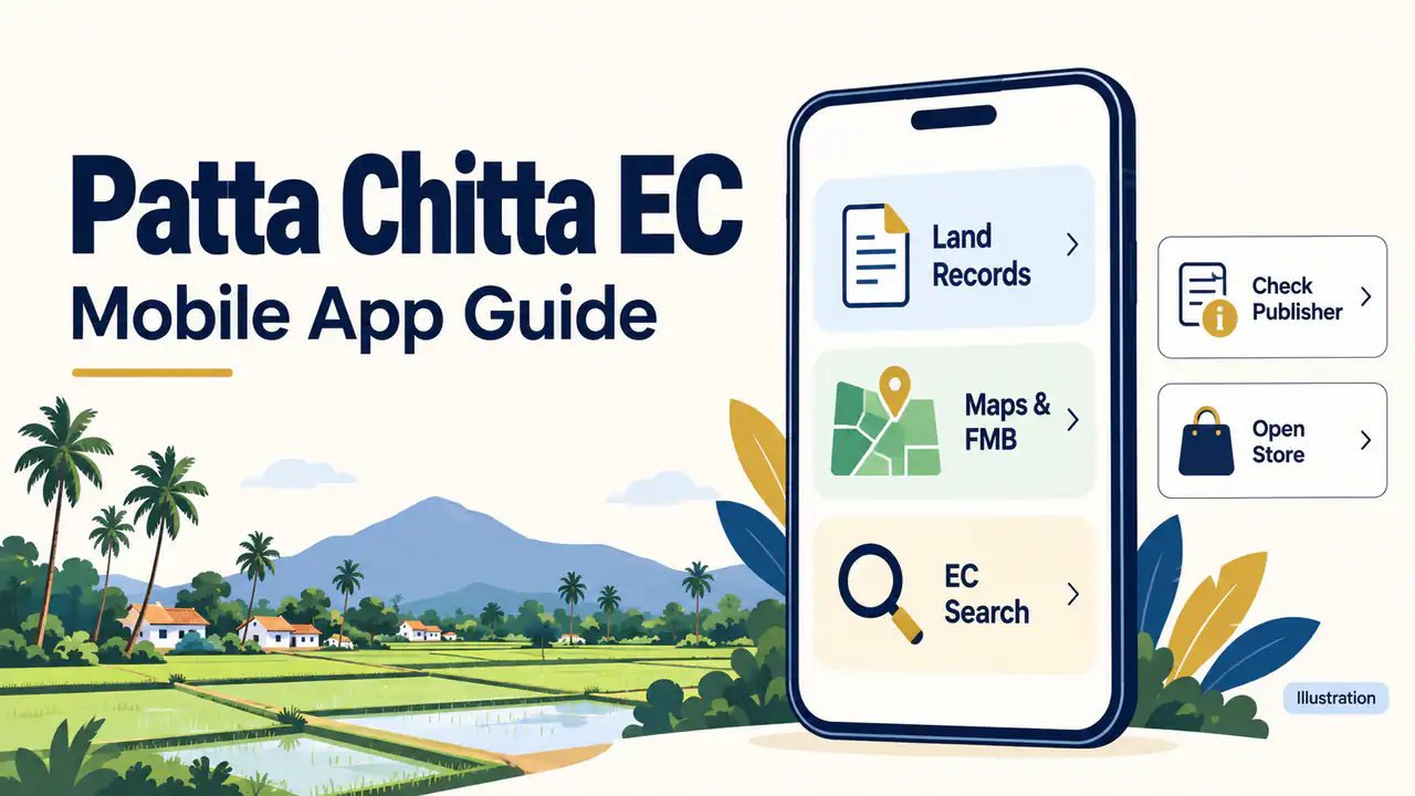 Conceptual mobile interface with separate Land Records, Maps and FMB, and EC Search cards, plus publisher and store checks.