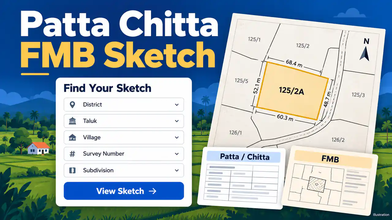 Illustrative Tamil Nadu FMB search fields beside an example survey parcel and Patta Chitta documents.
