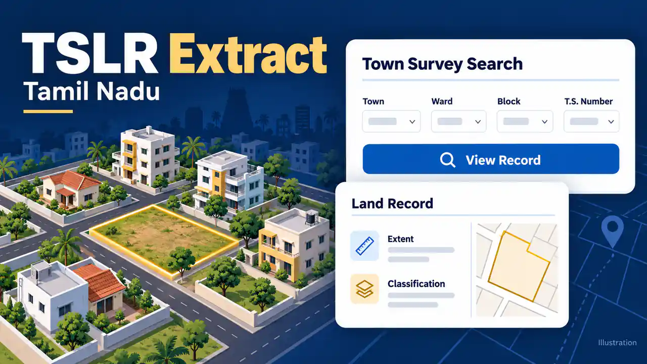Illustrative TSLR search interface with town, ward, block and Town Survey Number fields beside urban land parcels.