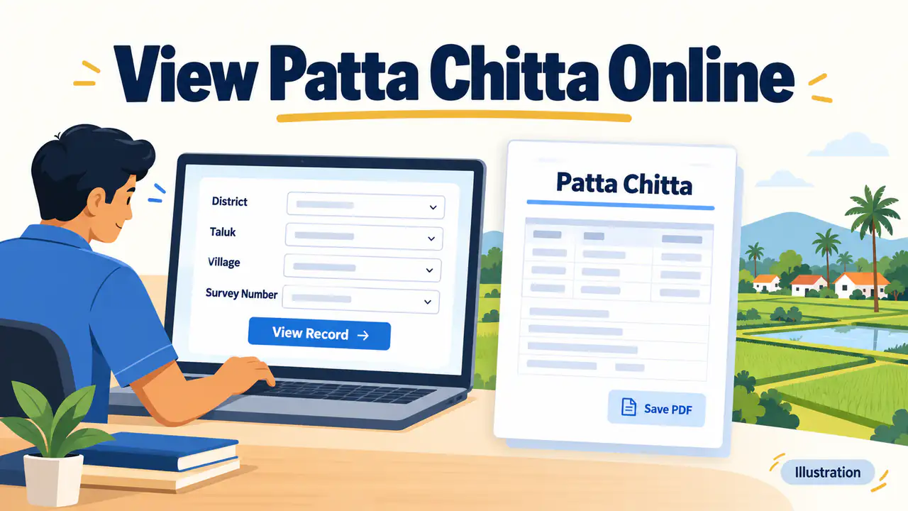 Illustrative Patta Chitta search fields for district, taluk, village and survey number beside a record preview and Save PDF control.