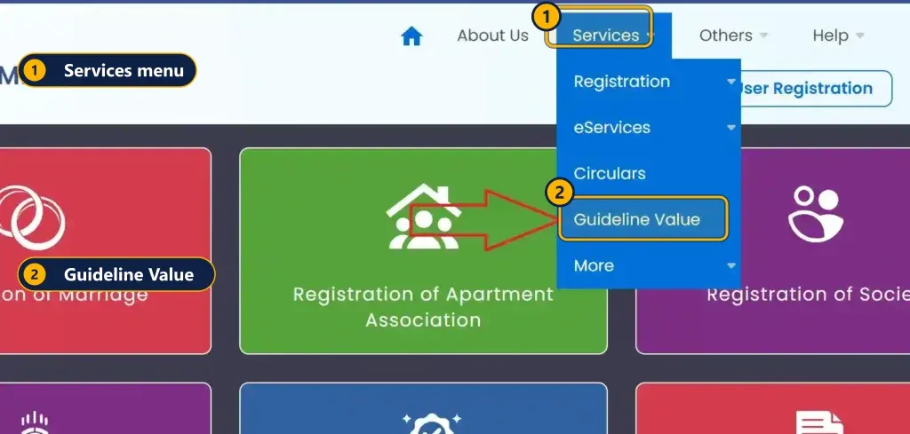 TNREGINET portal Services menu open, showing Guideline Value option highlighted